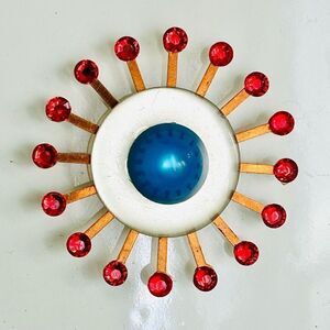 Upcycled Atomic Starburst Refrigerator Magnet Buttons Rhinestones Blue Red